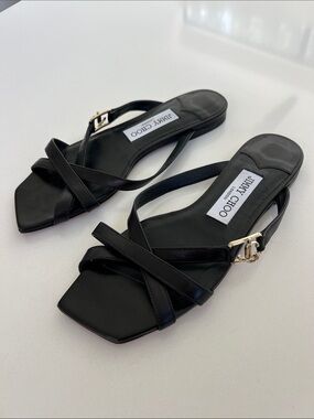 Jimmy Choo black leather open toe strappy alodie flat sandals 36